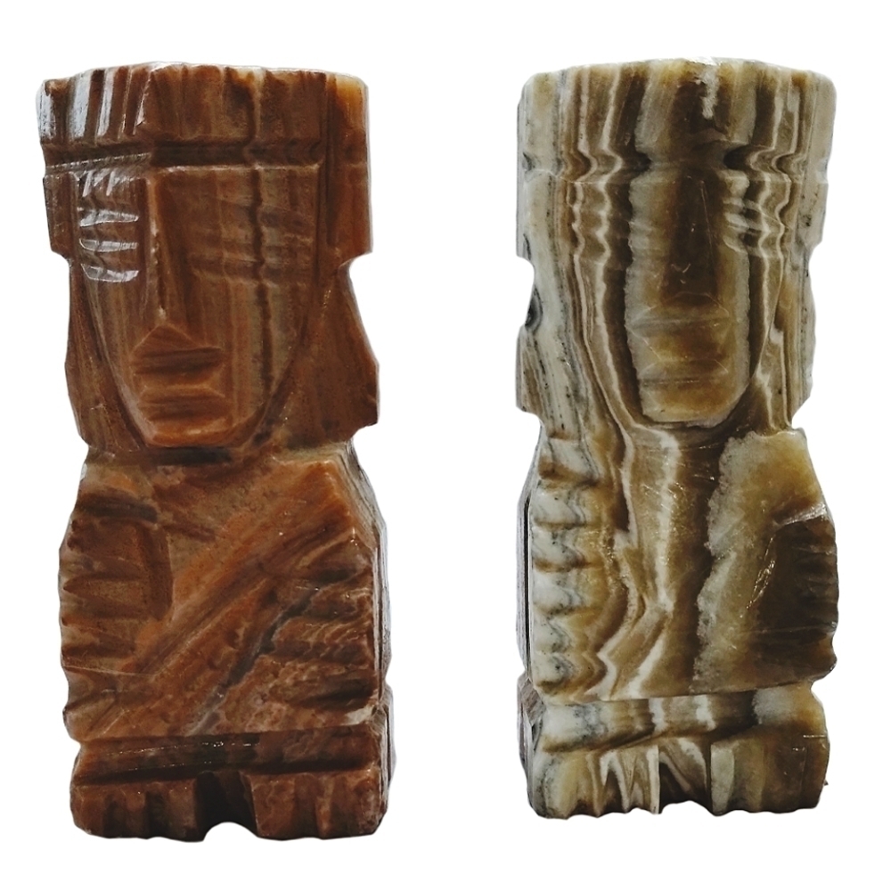 1960s Mexican Onyx Stone Bookends | Hand Carved Aztec-Style Sculptures